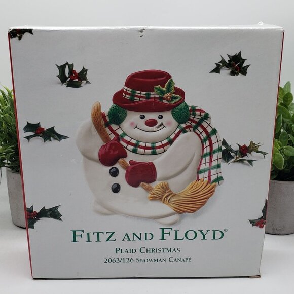 Fitz & Floyd 2000's Plaid Christmas Snowman 9" Canape Plate - Picture 2 of 11